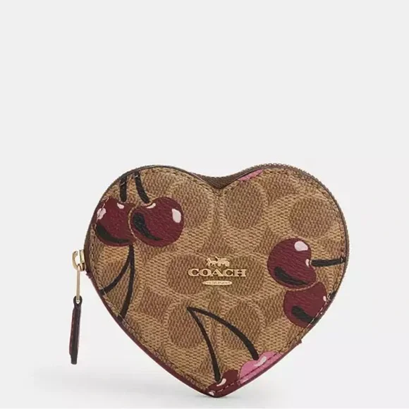 Coach NWT Heart Coin Case In Signature Canvas With Cherry Print - Picture 1 of 14